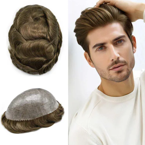 Vista 47 de Toupee para hombres Sistema de reemplazo de cabello humano real para hombres Completo PU Mens Hairpiece de aspecto natural para hombre piezas
