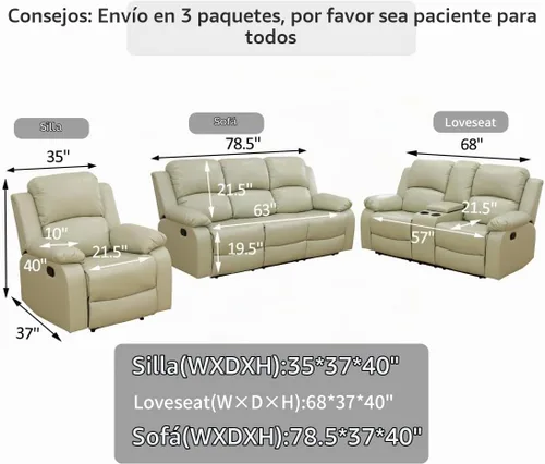 Vista 2 de Juego de Muebles para Sala de Estar, Juego de Sofá Reclinable Manual, Juegos de Sofás Reclinables de Cuero Beige con Mesa Desplegable, Sofá
