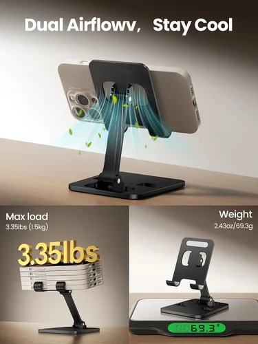 Vista 4 de Soporte de teléfono para escritorio, soporte plegable doble para teléfono celular, soporte portátil totalmente ajustable para iPhone 17, 16, 15, 14
