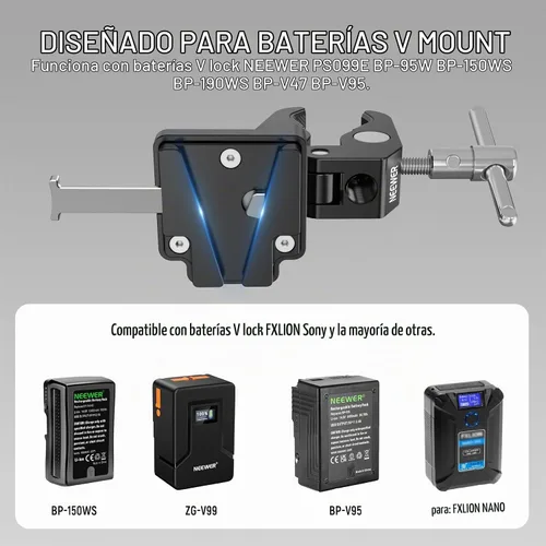 Vista 3 de NEEWER Abrazadera de batería V-Lock con abrazadera de trípode, soporte de cardán y varilla de 0.591 in, compatible con baterías FXLION Sony, Neewer
