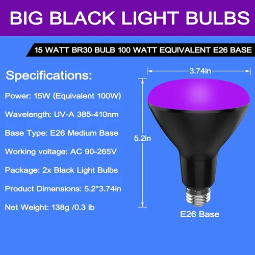 Vista 2 de BR30 - Paquete de 2 bombillas UV negras para fiesta brillante, 15 W (equivalente a 100 W), E26 UVA 385-410 nm, bombilla LED grande de luz negra