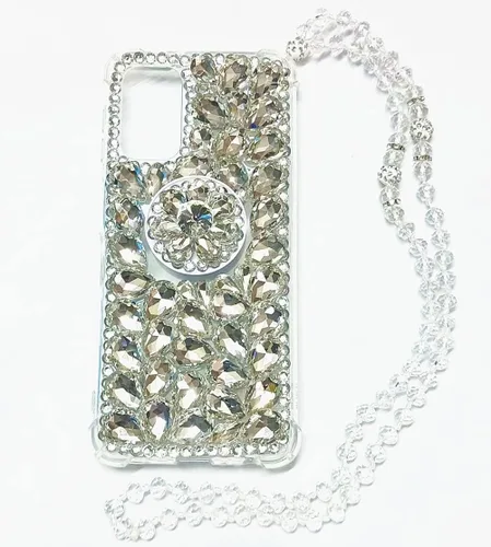Vista 5 de Aikukiki Funda para Samsung Galaxy A52 5G, funda con función atril de diamante, 3D hecha a mano Bling Diamond Glitter Phone Case (blanco)