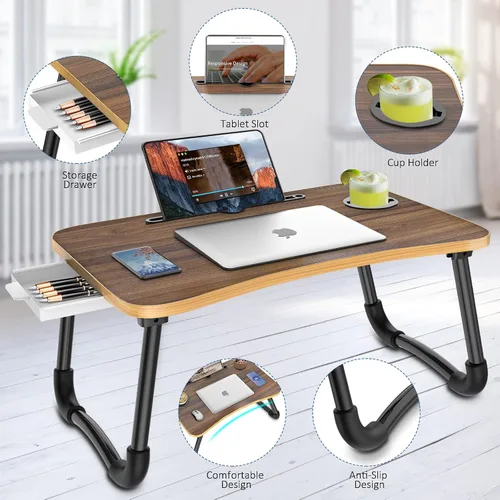 Vista 3 de Zapuno Mesa de cama plegable para laptop, mesa multifunción con cajón de almacenamiento y soporte para botella de agua, bandeja de servir mesa