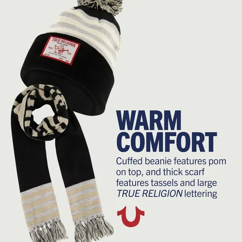 Vista 3 de True Religion - Conjunto de gorro y bufanda, gorro de punto con relleno de invierno con pompones y bufanda estilo estadio