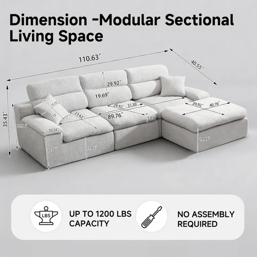 Vista 2 de Sofá modular deshuesado de 110 pulgadas con otomana, sofá cama en forma de L para sala de estar, sofá modular sin montaje, sofá profundo de tela