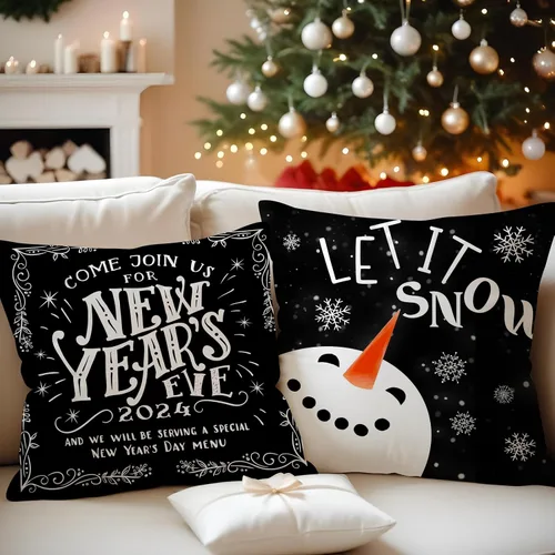 Vista 5 de MIRLEWAIY Paquete de 4 fundas de almohada de 18 x 18 pulgadas, diseño de reno de Navidad, muñeco de nieve de granja, feliz Navidad, feliz año nuevo