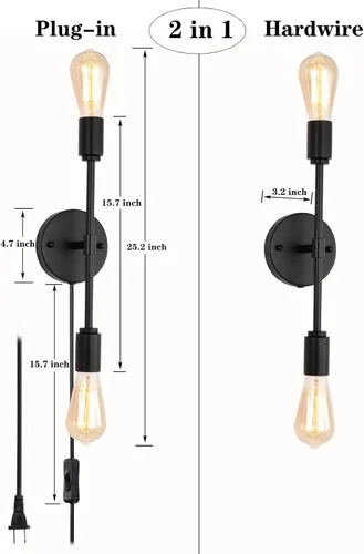 Vista 5 de Lámparas de tocador de baño negras de 2 luces, modernas lámparas de pared industriales con cable de interruptor de encendido/apagado, juego de dos