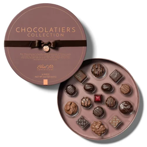 Vista 9 de Ethel M.Classic Collection - Surtido de 32 piezas de chocolate negro y leche de primera calidad en caja redonda de cobre, caramelo masticable