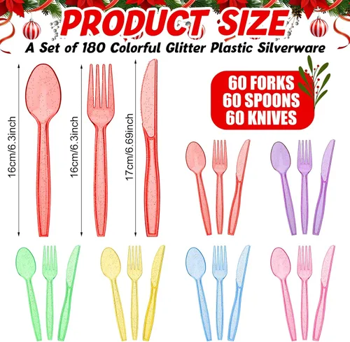 Vista 2 de Lasnten Juego de cubiertos de plástico con purpurina de 180 piezas, color rojo y verde, desechables, de plástico transparente, cubiertos