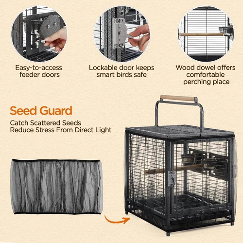 Vista 6 de Yaheetech Jaula de viaje para pájaros de hierro forjado de 25.5 pulgadas con asa, perca de madera y protector de semillas para loros pequeños
