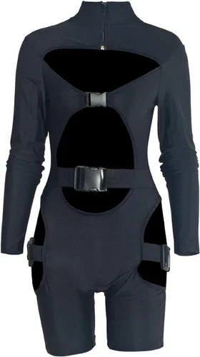 Vista 2 de VWIWV Mono de manga larga para mujer, con hebilla, sexy, ahuecado, pantalones cortos