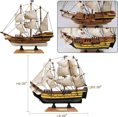 Vista 2 de Conjunto de 2 paquetes de modelos de barcos de madera de SAILINGSTORY, modelo de barco de vela para decoración Mayflower, Victory, 24.1 cm