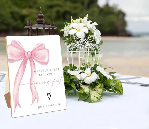 Vista 4 de Letreros de boda de madera con tema de lazo rosa, letrero con texto en inglés "A Little Treat for Your Dancing Fees", centros de mesa para mesas