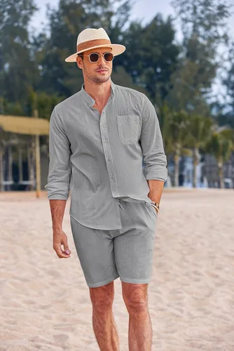 Vista 3 de COOFANDY Conjuntos de lino para hombre, 2 piezas, camisa de manga larga y pantalones cortos casuales con cordón en la cintura, trajes de verano