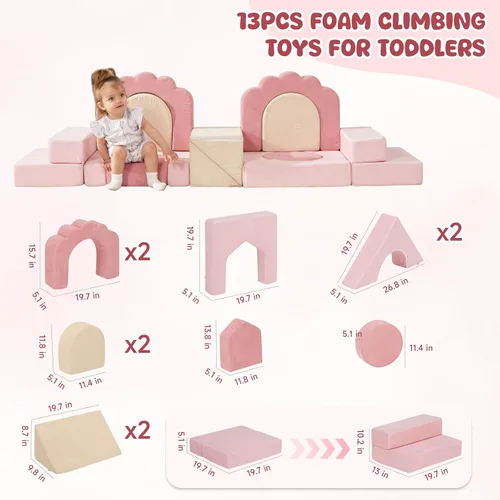 Vista 4 de Juguetes de espuma para trepar para niños pequeños, juego de actividades de escalada y gateo de 13 piezas, bloques de escalada suaves para niños