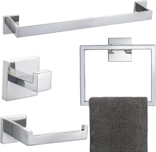 Vista 10 de Juego de 4 soportes para toallas de baño, juego de accesorios de baño de acero inoxidable negro y dorado, montaje en pared, 23.6 pulgadas