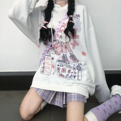 Vista 3 de Sudaderas con capucha Kawaii para adolescentes, sudaderas estéticas lindas con gráficos de anime, ropa japonesa Harajuku