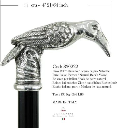 Vista 4 de Italia - Bastón grabado personalizado para hombres y mujeres, caña de madera, mango de metal, bastón en peltre fino de cuervo