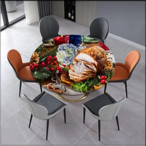 Vista 2 de Mantel redondo de Navidad, impermeable y borrable con borde elástico, jamón de cerdo asado servido con papas horneadas, se adapta a mesa redonda