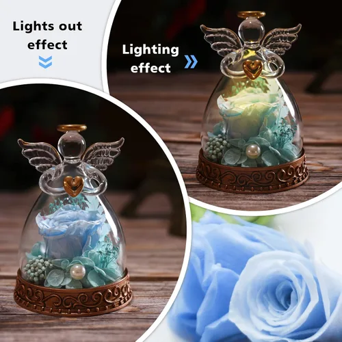 Vista 3 de Figura de ángel de rosa real preservada en vidrio con luz LED, regalos de ángel para mujeres, mamá, abuela en el día de la madre, Navidad, Azul
