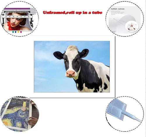 Vista 2 de Póster de arte en lienzo para adultos, diseño de vaca lechera en blanco y negro, pintura decorativa de pared moderna, para sala de estar
