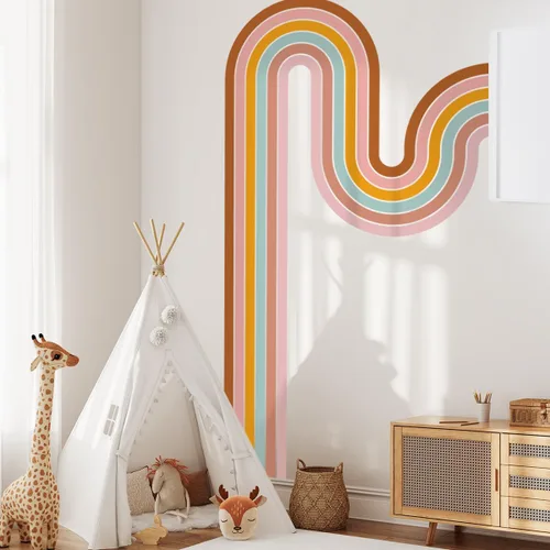 Vista 3 de Calcomanías de pared geométricas de líneas simples y bohemias extraíbles, 3D, colorido arco iris, calcomanías de pared de línea abstracta