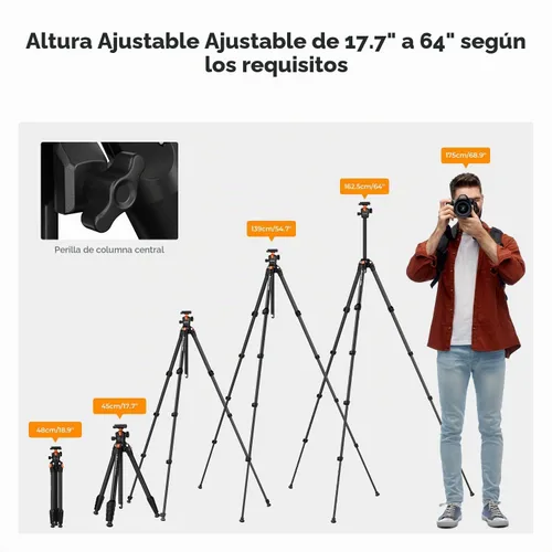 Vista 6 de K&F CONCEPT Trípode de viaje de aluminio de 63" para cámara