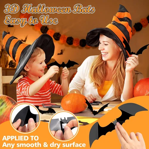 Vista 3 de LUDILO 120 piezas de decoraciones de murciélagos de Halloween, decoraciones de pared de Halloween, calcomanías de pared de PVC 3D, calcomanías