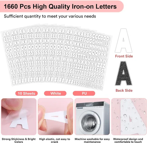 Vista 3 de 10 hojas 1660 piezas letras y números termoadhesivos para ropa, letras de vinilo termoadhesivas blancas de 1 pulgada con letras de transferencia