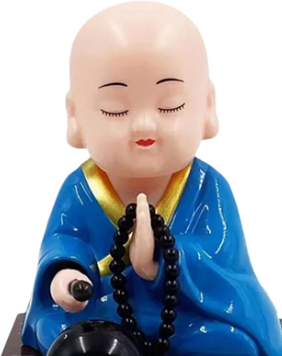 Vista 2 de Gralara Figura de pequeño monje, juguetes solares bailando muñecas con cabeza agitada, adorno de coche de estatua de monjes de Buda, juguete