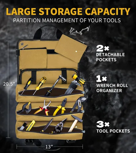 Vista 2 de Organizador de bolsas enrollables para herramientas – Bolsa de herramientas enrollable portátil resistente con llave enrollable para mecánicos