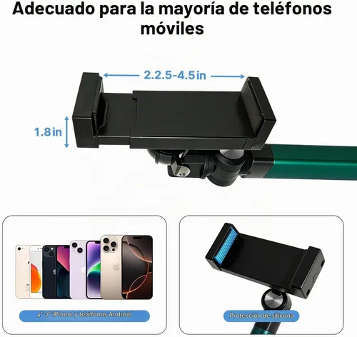 Vista 6 de Soporte de teléfono superior con luz, soporte para teléfono celular para grabación de video, inclinación giratoria de 360 grados, trípode