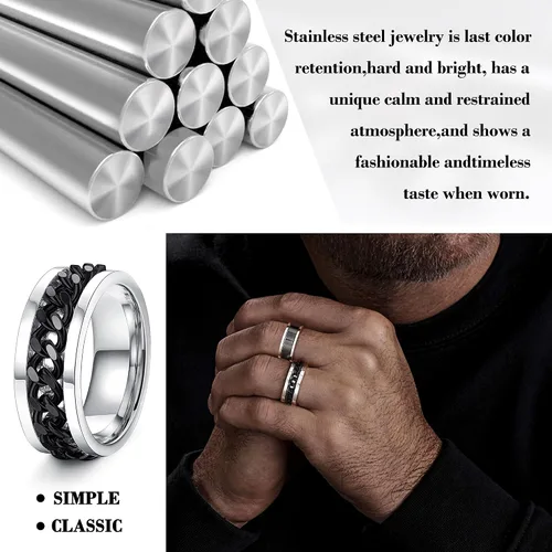 Vista 4 de Besteel Juego de 16 anillos giratorios de acero inoxidable para hombres y mujeres, anillos para aliviar el estrés y la ansiedad, color negro