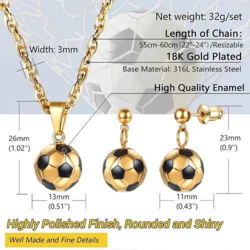 Vista 4 de PROSTEEL Soccer Ball Football Charm Pendant Necklace Drop Earrings Set Gift Stainless Steel 18K Plated Sport Girl Women 3D Jewelry Set