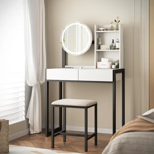 Vista 7 de Mesa de tocador pequeña con espejo y luces, mesa de tocador de maquillaje con espejo LED, 3 modos de iluminación, toma de corriente, cajón, estantes