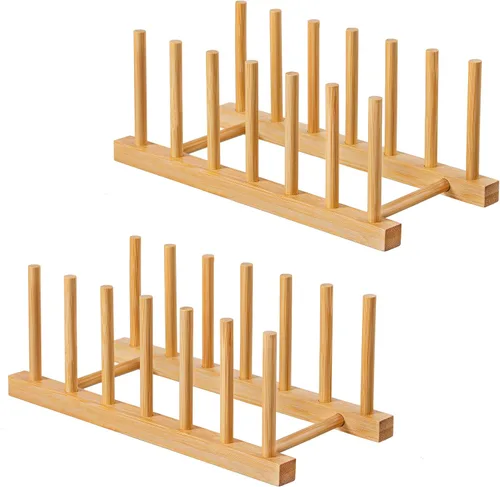 Vista 18 de HBlife - Escurreplatos de madera de acacia con organizador de tapa de olla y plato para gabinete, soporte de tabla de cortar, esculpidor