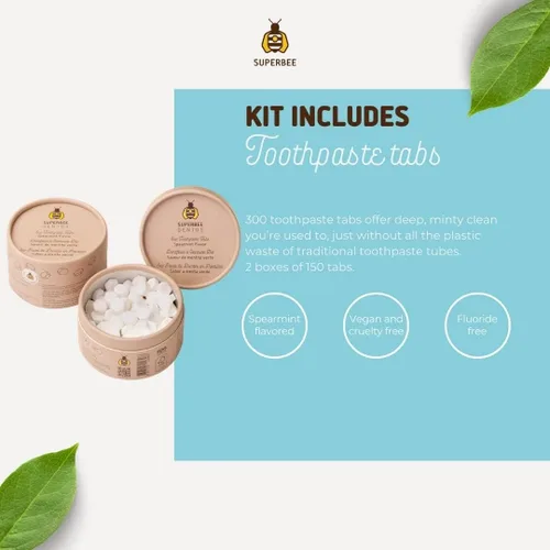Vista 4 de SuperBee Kit familiar con pastillas de pasta de dientes Dentos, 300 pestañas, hilo natural, cerdas suaves, cepillos de dientes de bambú, sin flúor
