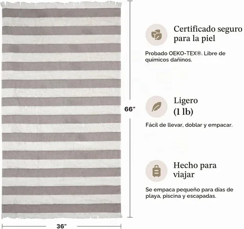 Vista 5 de Toalla de playa turca ligera, 100% algodón BCI, flecos crudos sin blanquear, certificado Oeko-TEX, absorbente, respetuosa con el medio ambiente, 36