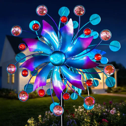 Vista 11 de Molinillo de viento solar grande de 83 pulgadas para exteriores, escultura de flor de tulipán de metal con bola de vidrio LED multicolor, arte