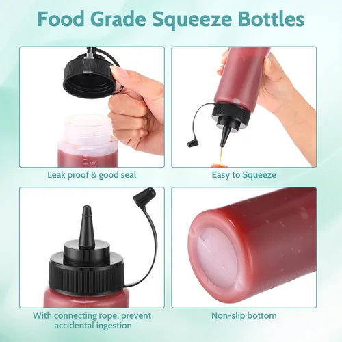 Vista 3 de Dandat 12 botellas de condimentos para salsas, botellas de plástico de 12 onzas con tapas, botella reutilizable para chorros con escala digital