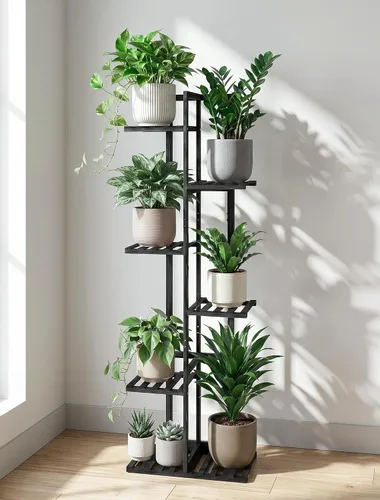 Vista 3 de ROSSNY Soporte para Plantas de Interior de 48 Pulgadas de Alto, 6 Niveles 7 Macetas Soporte de Bambú para Plantas de Interior, Soporte de Esquina