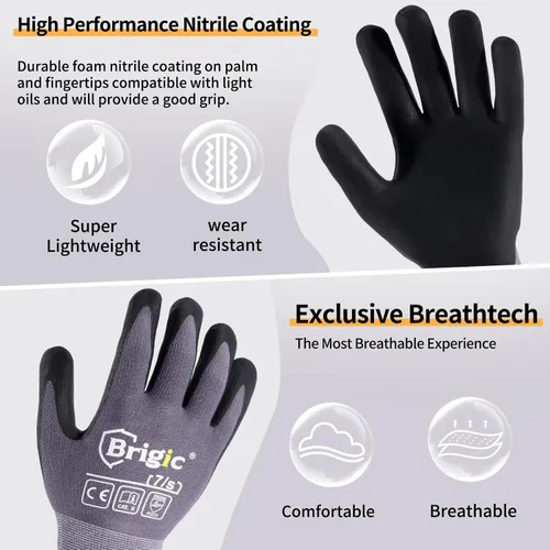 Vista 2 de Guantes de trabajo protectores con revestimiento de nitrilo de micro espuma, guantes de nailon de alta densidad, delgados y ligeros, agarre fuerte