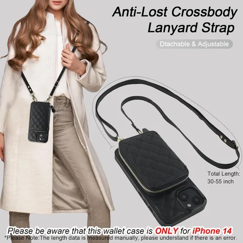 Vista 6 de Bocasal Funda tipo cartera cruzada para iPhone 14, con bloqueo RFID, de piel sintética, con cremallera, funda tipo cartera con función atril