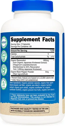 Vista 5 de Nutricost Resveratrol orgánico (600 mg) 120 cápsulas - USDA orgánico, certificado CCOF, vegano, sin OMG, sin gluten, 60 porciones