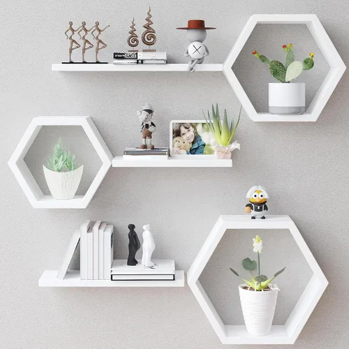 Vista 13 de Estantes flotantes hexagonales de madera para montar en la pared, juego de 6 estantes hexagonales de madera de pino para fotos, plantas, estantes