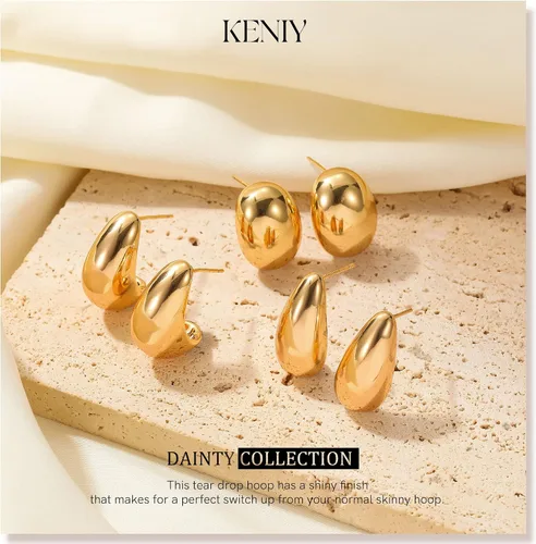 Vista 7 de Aretes de lágrima de oro para mujer, aretes de aro gruesos de oro para mujer, a la moda, hipoalergénicos, ligeros, grandes, huecos, abiertos