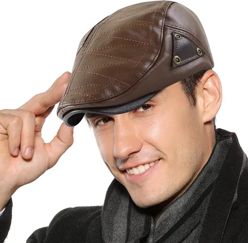 Vista 15 de Panegy Sombrero de periódico para hombre, gorra plana de piel sintética, sombrero de boina ajustable, sombrero de hiedra para conducir golf al aire