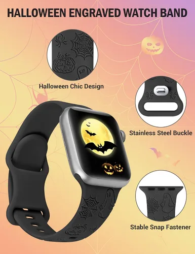 Vista 2 de W-RARA Correa grabada de Halloween compatible con Apple Watch Band de 1.496 in 1.575 in 1.614 in 1.654 in 1.732 in 1.772 in 1.929 in para mujeres