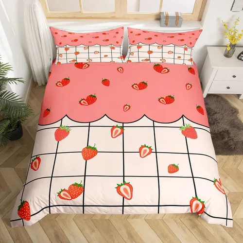 Vista 15 de Erosebridal - Juego de ropa de cama kawaii, juego de funda de edredón con diseño de fresa rosa, para mujeres, niñas y niños, decoración