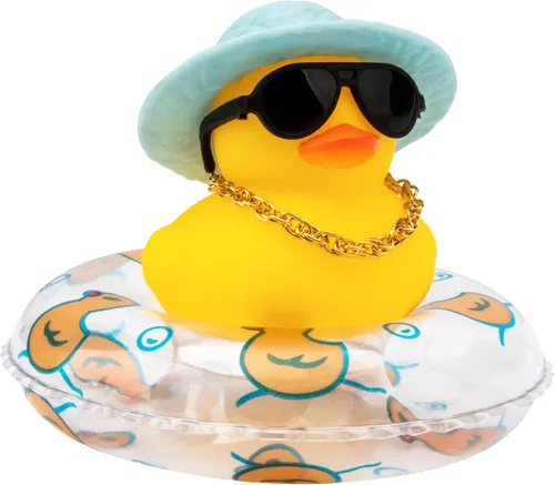 Vista 15 de wonuu Pato de goma para automóvil, decoración de pato amarillo con sombrero para el sol, anillo de natación, collar, gafas de sol para decoración